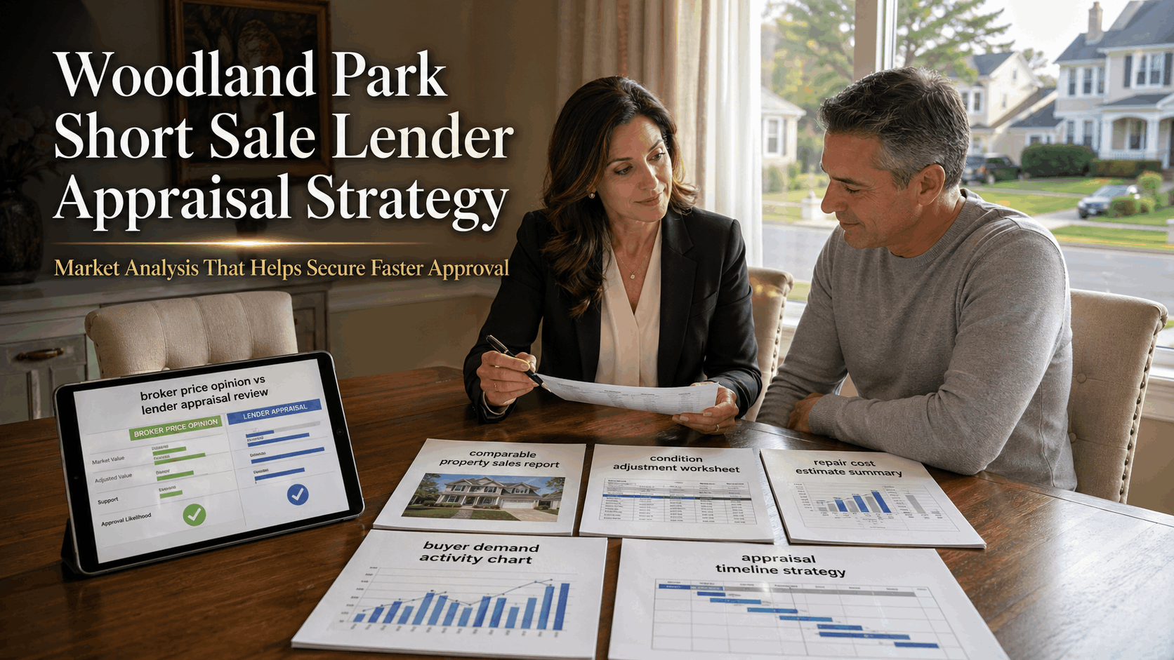 Professional real estate advisor reviewing a Woodland Park NJ short sale lender appraisal strategy with a homeowner, including market analysis reports, repair estimates, buyer demand charts, and broker price opinion review inside a North Jersey home.