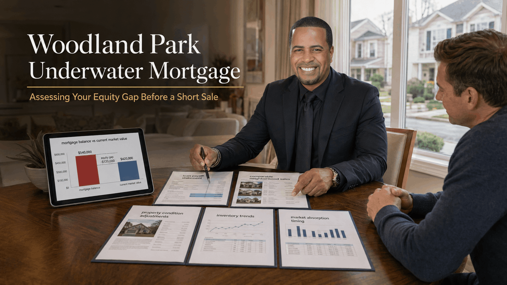 Professional real estate valuation consultation inside a suburban Woodland Park NJ home, showing a homeowner reviewing an underwater mortgage analysis with an advisor, including market value reports, comparable sales, inventory trends, and a tablet chart comparing mortgage balance versus current market value.