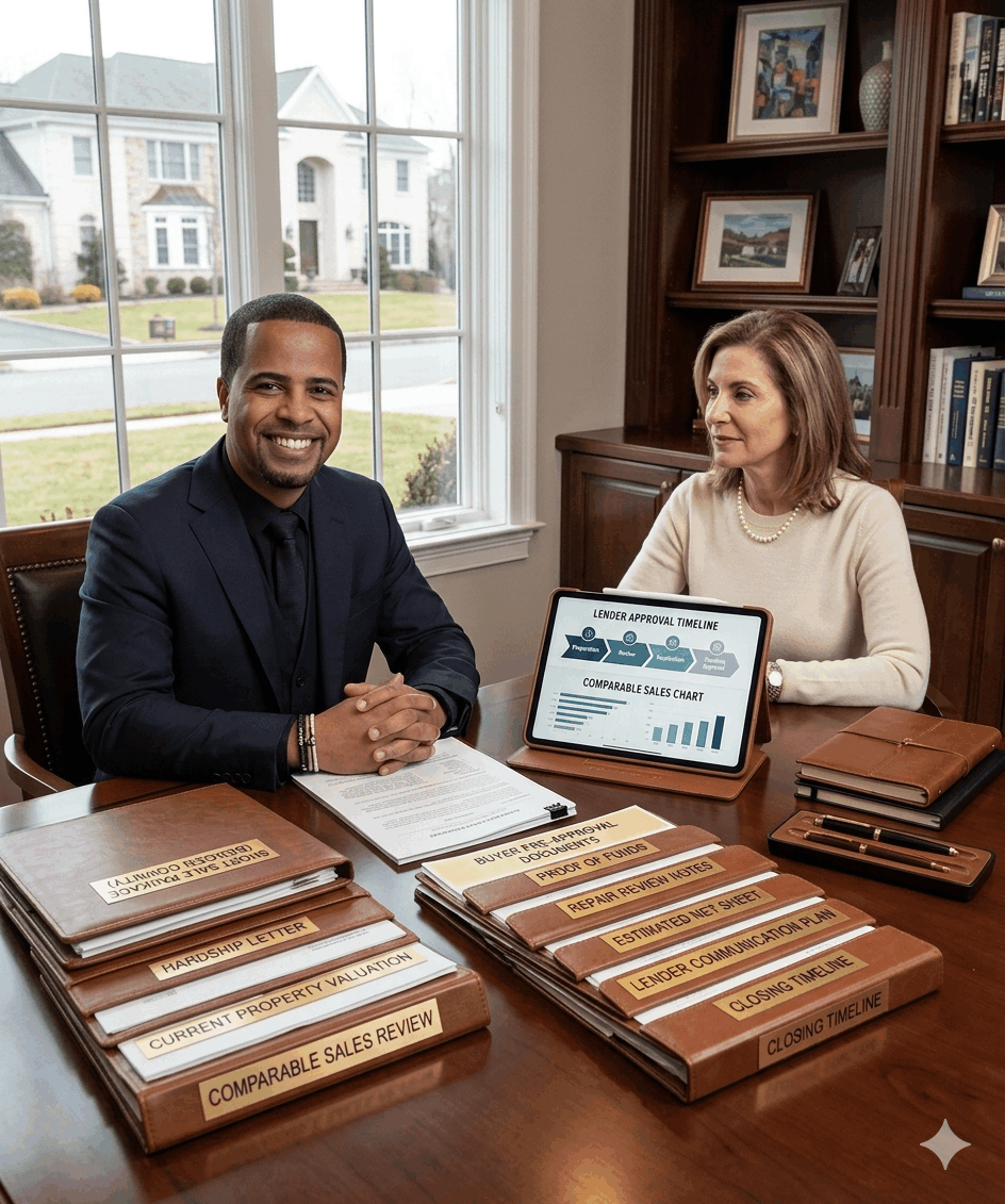 Experienced Bergen County real estate advisor reviewing Paramus short sale lender approval documents, hardship letter, property valuation, buyer pre-approval, and comparable sales timeline with an affluent homeowner.