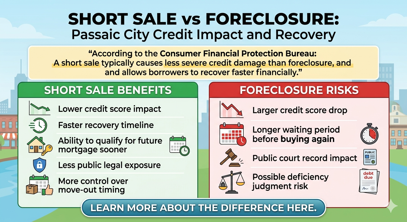 Short sale vs foreclosure infographic for Passaic City NJ explaining credit impact, recovery timelines, future mortgage eligibility, public court record risks, and deficiency judgment concerns.
