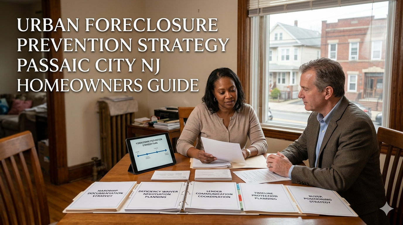 Urban foreclosure prevention strategy consultation in Passaic City NJ 07055 showing homeowner reviewing hardship documentation plan, deficiency waiver strategy, lender communication coordination, and short sale timeline to avoid foreclosure.