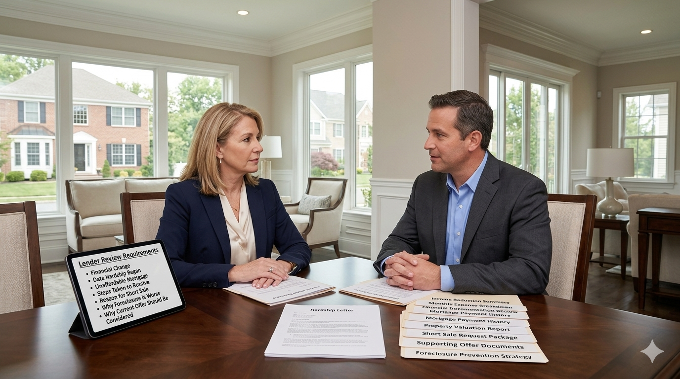 Paramus NJ homeowner reviewing a short sale hardship letter, financial documentation, lender requirements, mortgage payment history, and foreclosure prevention strategy with a professional real estate advisor in an upscale Bergen County home.