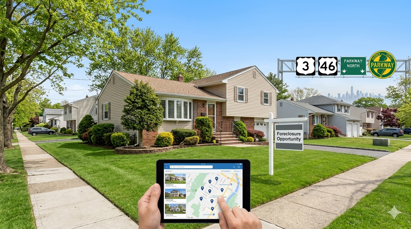 Affordable foreclosure opportunity home in Clifton NJ near Route 3 Route 46 and Garden State Parkway with NYC commuter access map