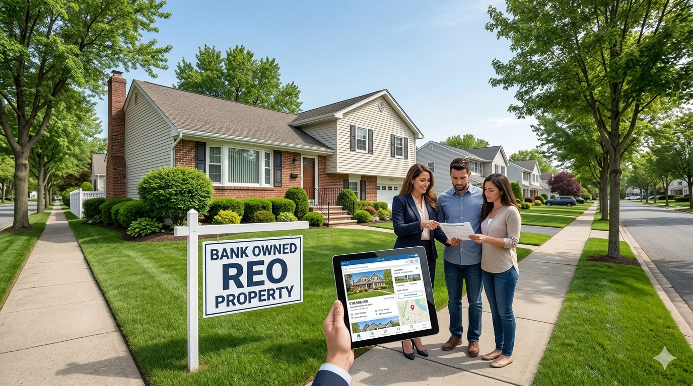 Bank owned REO property in Passaic County NJ with real estate agent showing buyers listing details outside suburban foreclosure home