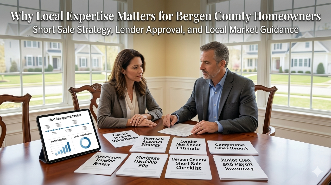 Teaneck NJ homeowner reviewing short sale strategy with local Bergen County real estate advisor, including lender approval documents, valuation report, and foreclosure timeline.