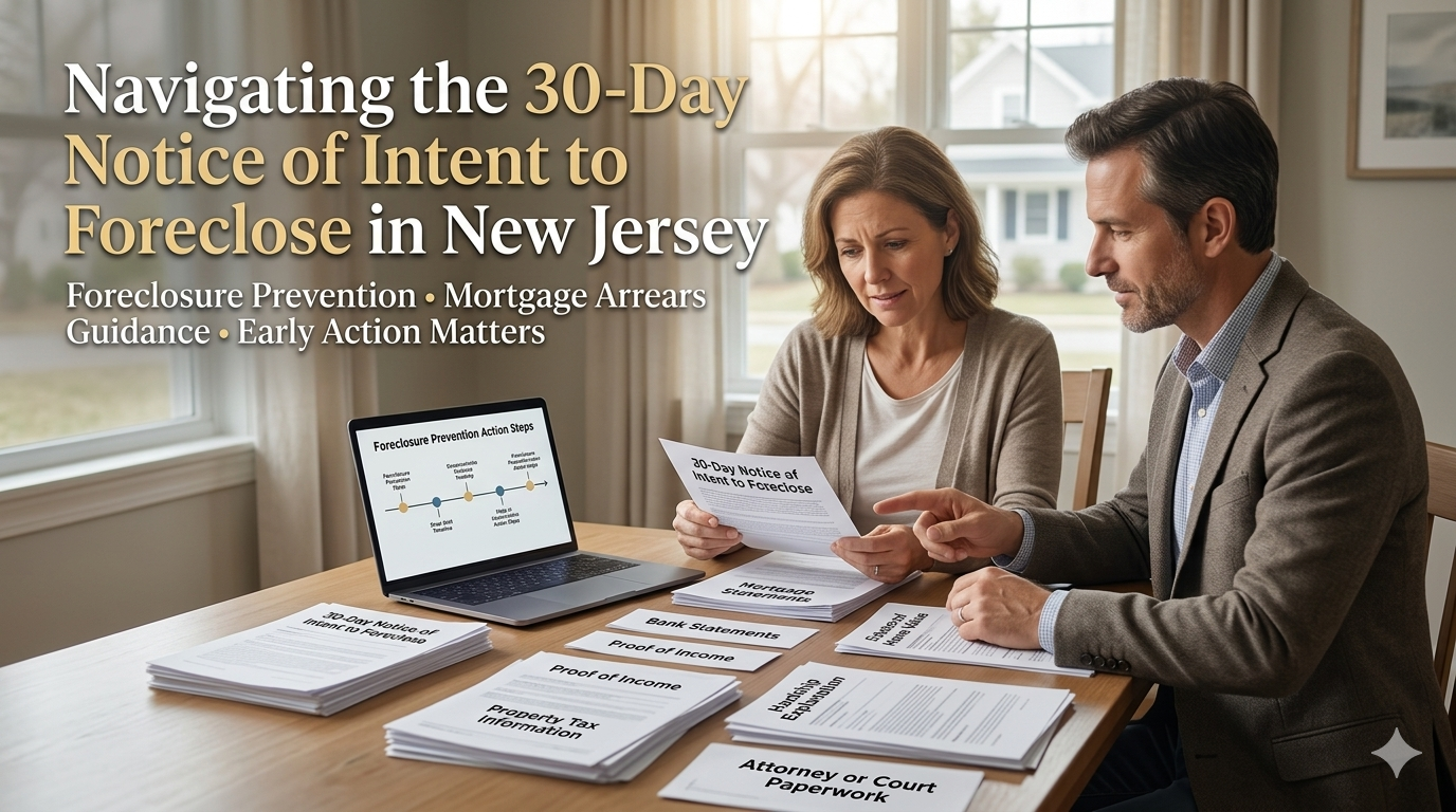 Hackensack New Jersey homeowner reviewing a 30-Day Notice of Intent to Foreclose with a real estate advisor, organized mortgage arrears documents, foreclosure prevention action steps, and short sale lender approval paperwork inside a North Jersey home.