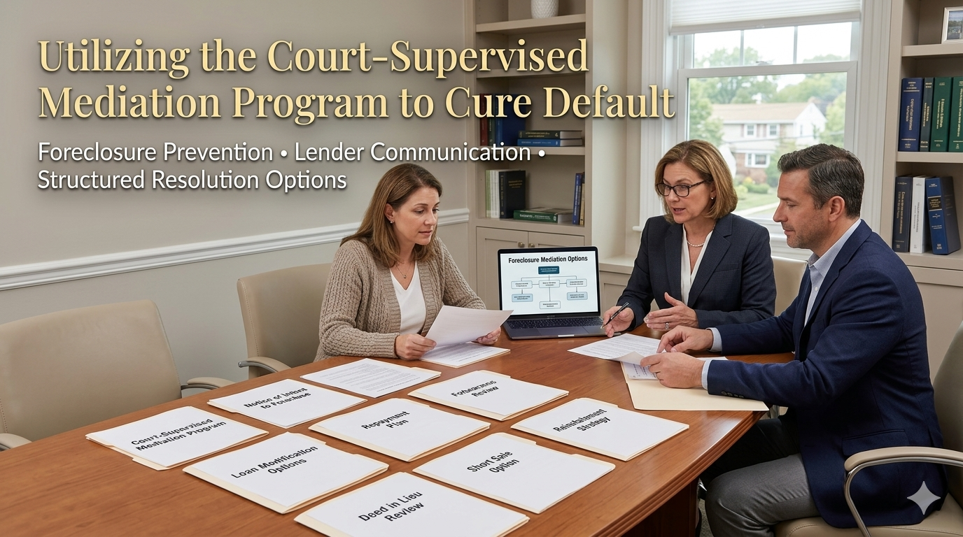 Hackensack New Jersey homeowner reviewing Court-Supervised Foreclosure Mediation options with a real estate advisor and legal professional, including loan modification, repayment plan, forbearance, reinstatement strategy, short sale option, and deed in lieu review documents.