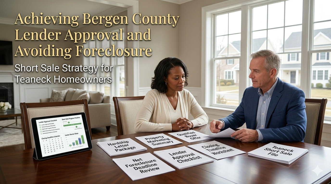 Teaneck NJ homeowner meeting with a real estate advisor to review short sale lender approval documents, foreclosure timeline, buyer offer, hardship package, and closing plan in a Bergen County home.