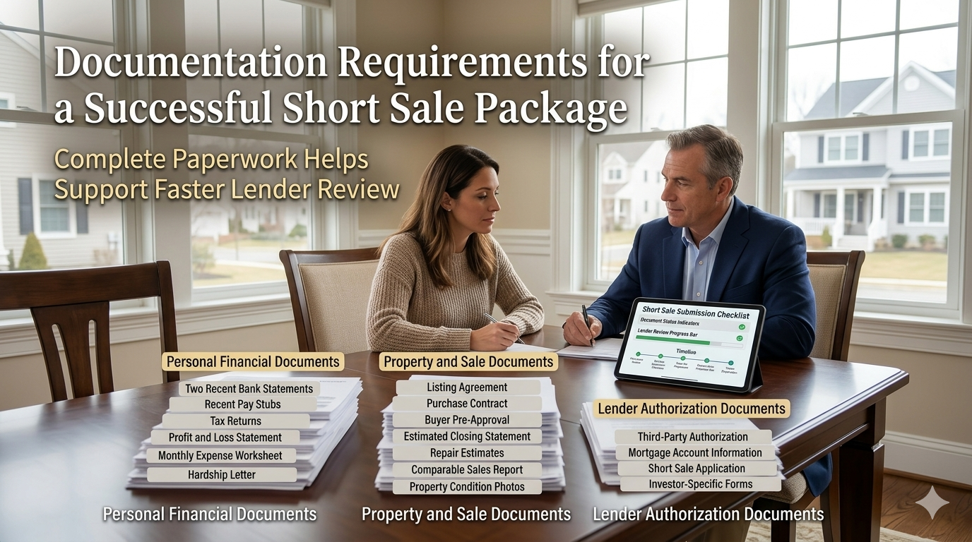 Teaneck NJ homeowner and real estate advisor organizing a short sale package with lender documents, bank statements, hardship letter, purchase contract, and approval checklist inside a Bergen County home.