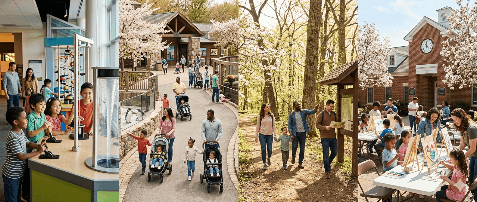 Families enjoying science exhibits, zoo visits, park trails, and community art programs during family-friendly events North Jersey this weekend