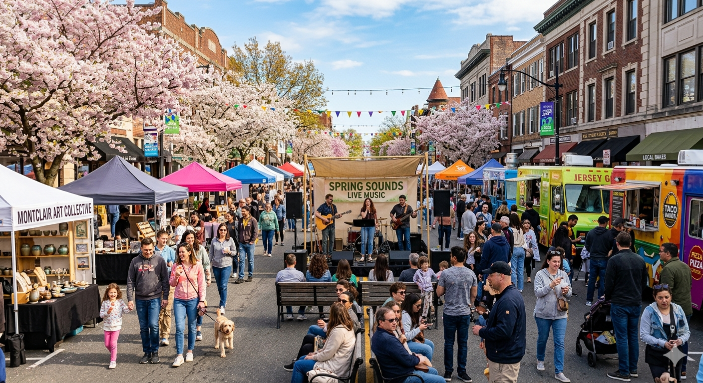 Spring street festival with live music, food trucks, and families walking through downtown during weekend events and things to do in North Jersey