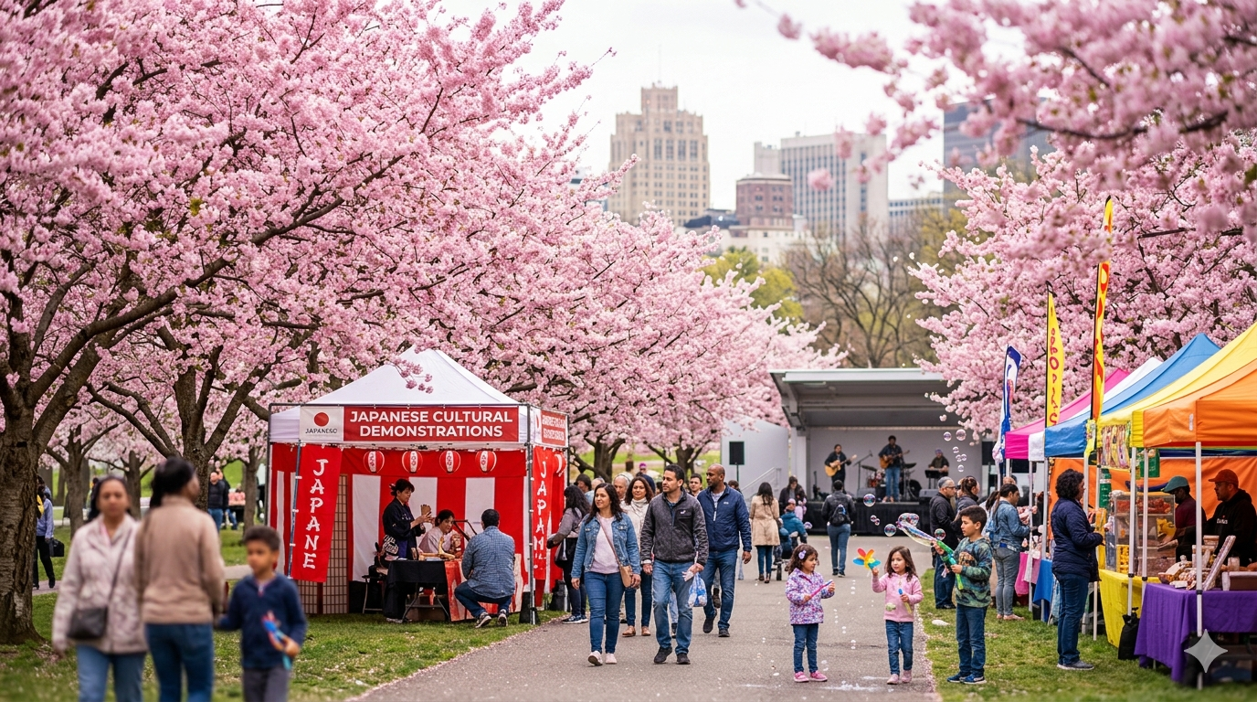 Free North Jersey Community Events April BloomFest Branch Brook Park Newark cherry blossom festival with families vendor tents live music and cultural demonstrations