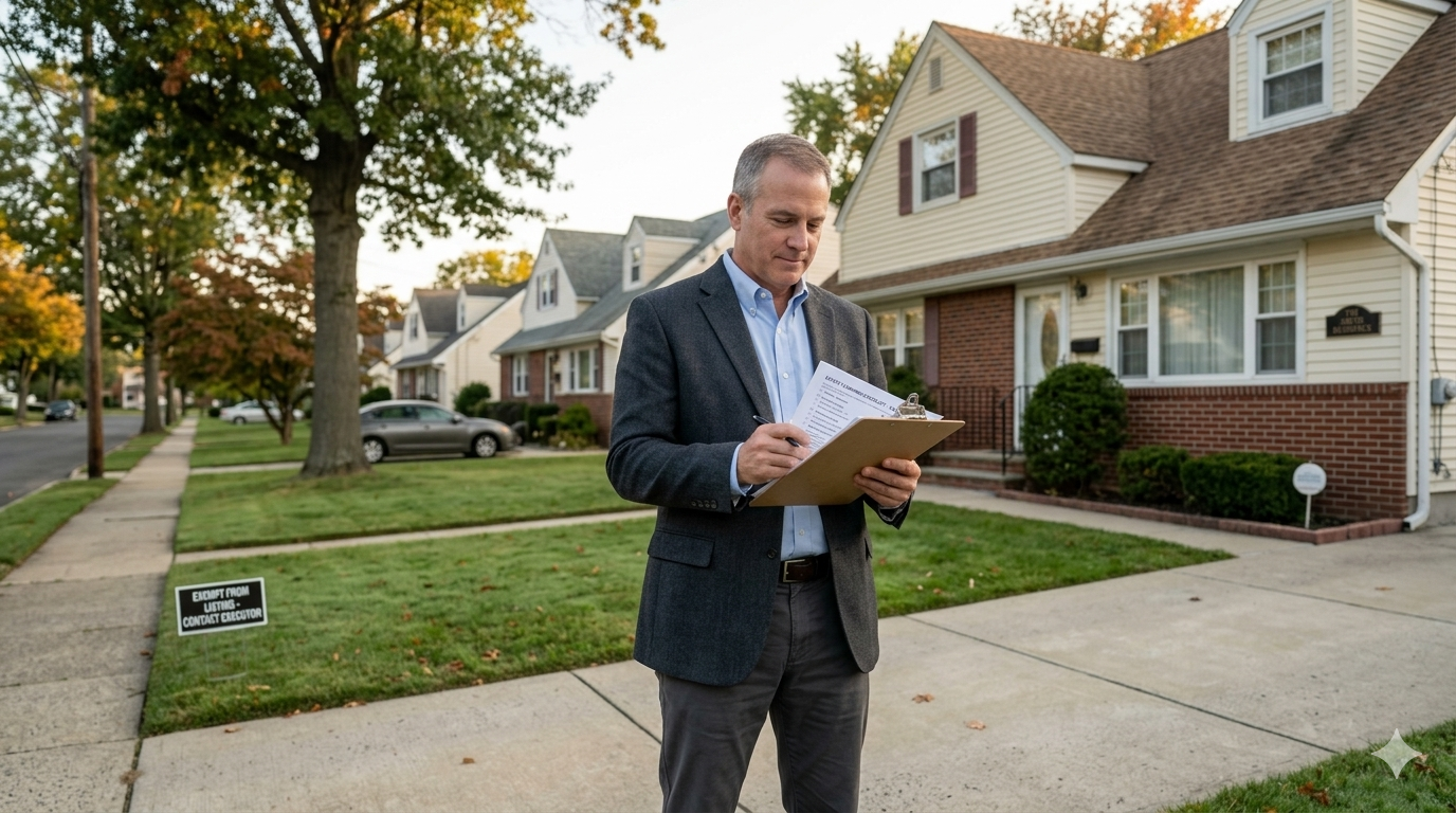 Executor reviewing estate paperwork outside inherited home in Clifton Passaic County NJ during probate property evaluation process