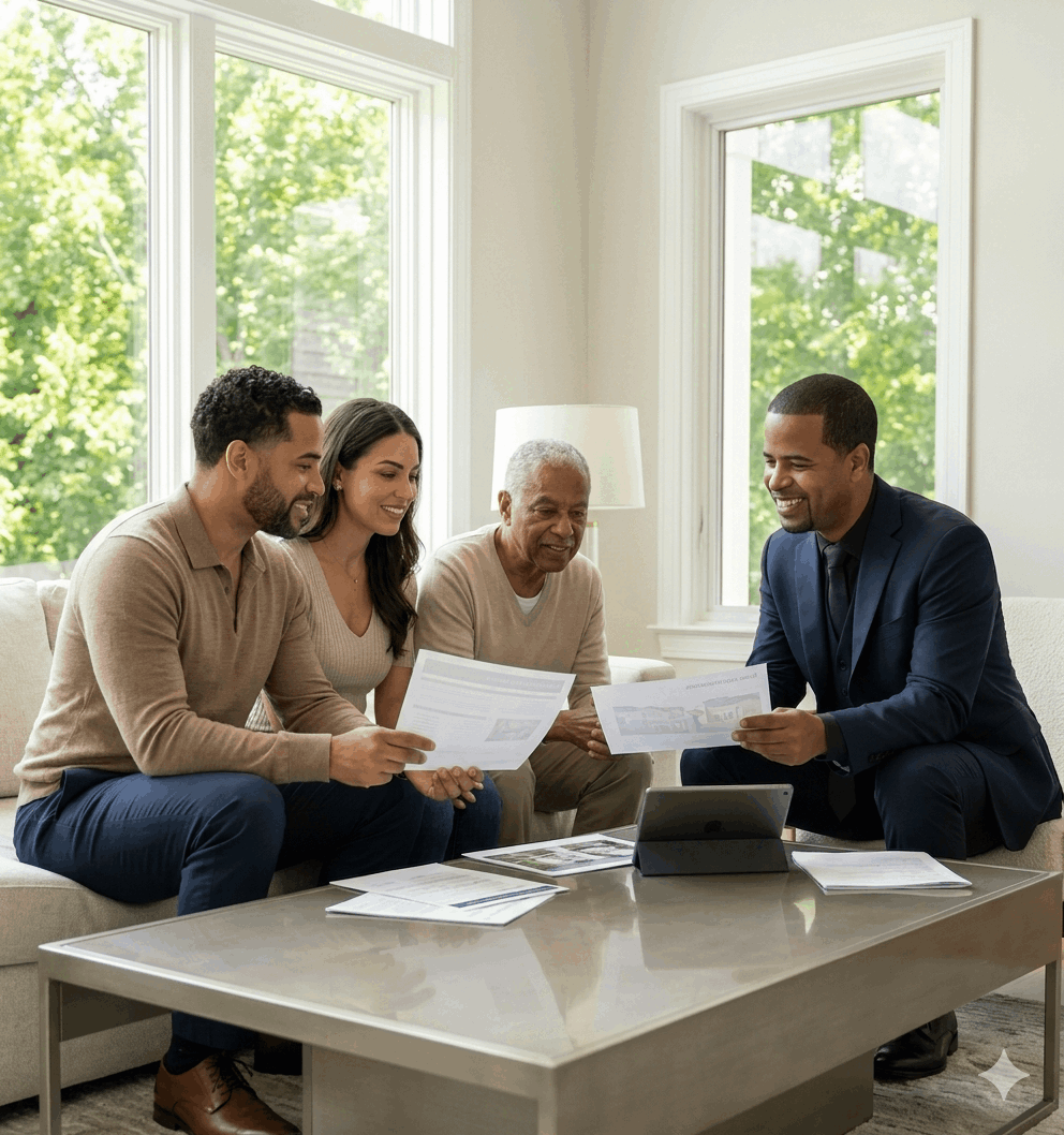 Family meeting with real estate agent reviewing documents while selling an inherited home in Bergen County NJ during probate consultation