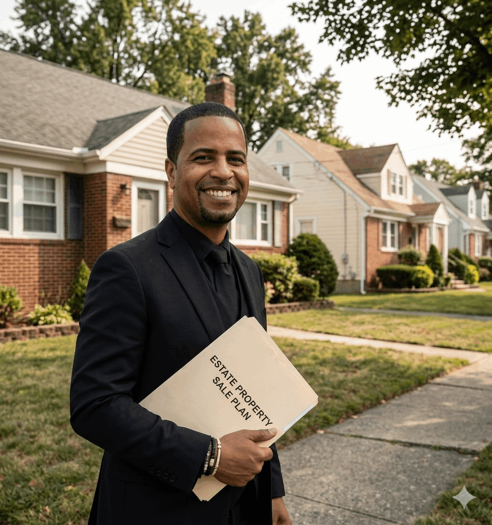 Executor holding estate property sale plan outside inherited home in Passaic County NJ preparing for as-is probate home sale