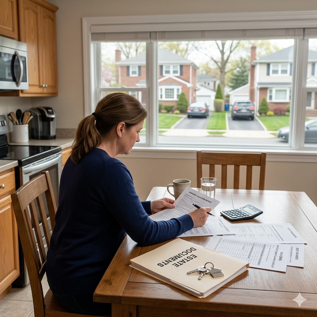 Executor reviewing estate documents at kitchen table while preparing inherited home for probate sale in Clifton NJ