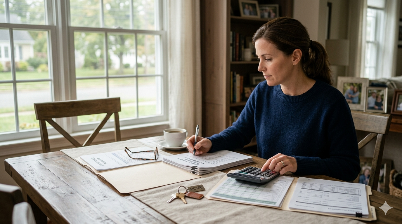 Executor reviewing inherited property paperwork with calculator and house keys while planning stepped-up basis tax strategy when selling an inherited home in Paterson NJ