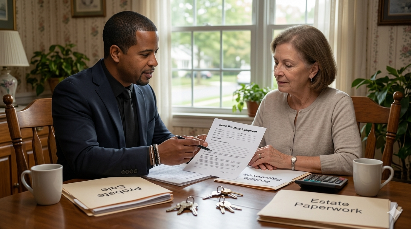 Executor reviewing probate sale agreement with real estate professional during fast cash buyer option for selling an inherited home in Paterson NJ