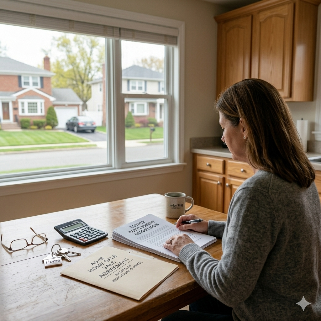 Executor reviewing estate settlement paperwork for inherited home as-is sale in Clifton NJ with house keys and valuation documents on table