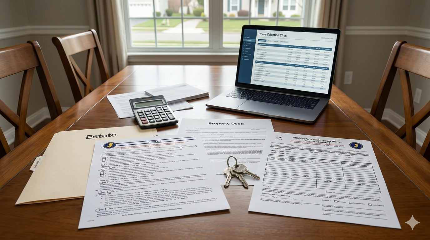 Executor reviewing NJ inheritance tax waiver forms L-8 and L-9 with property deed and home valuation laptop while preparing inherited home sale in Haledon NJ probate process