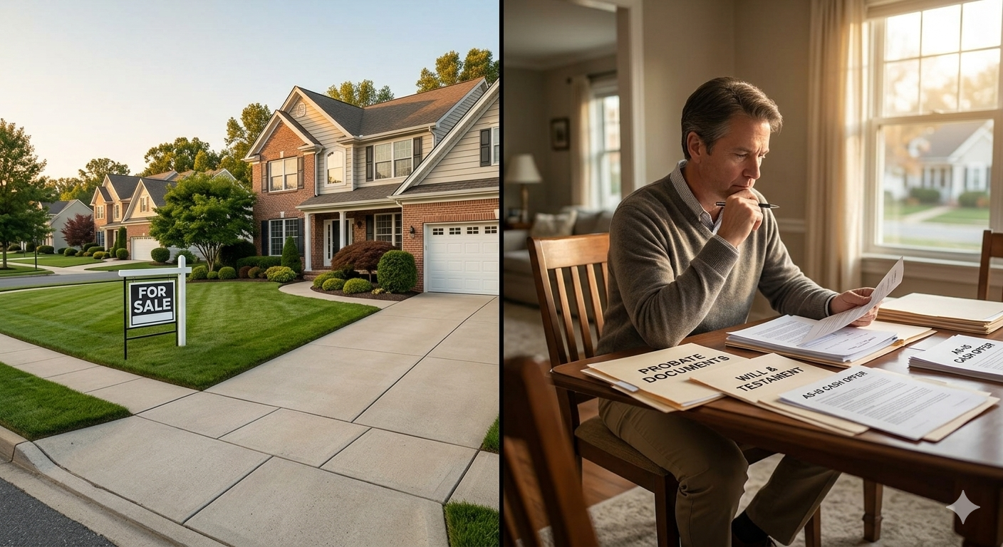 Comparison showing traditional listing home with for sale sign and executor reviewing probate documents for fast cash buyer option when selling an inherited home in Totowa NJ