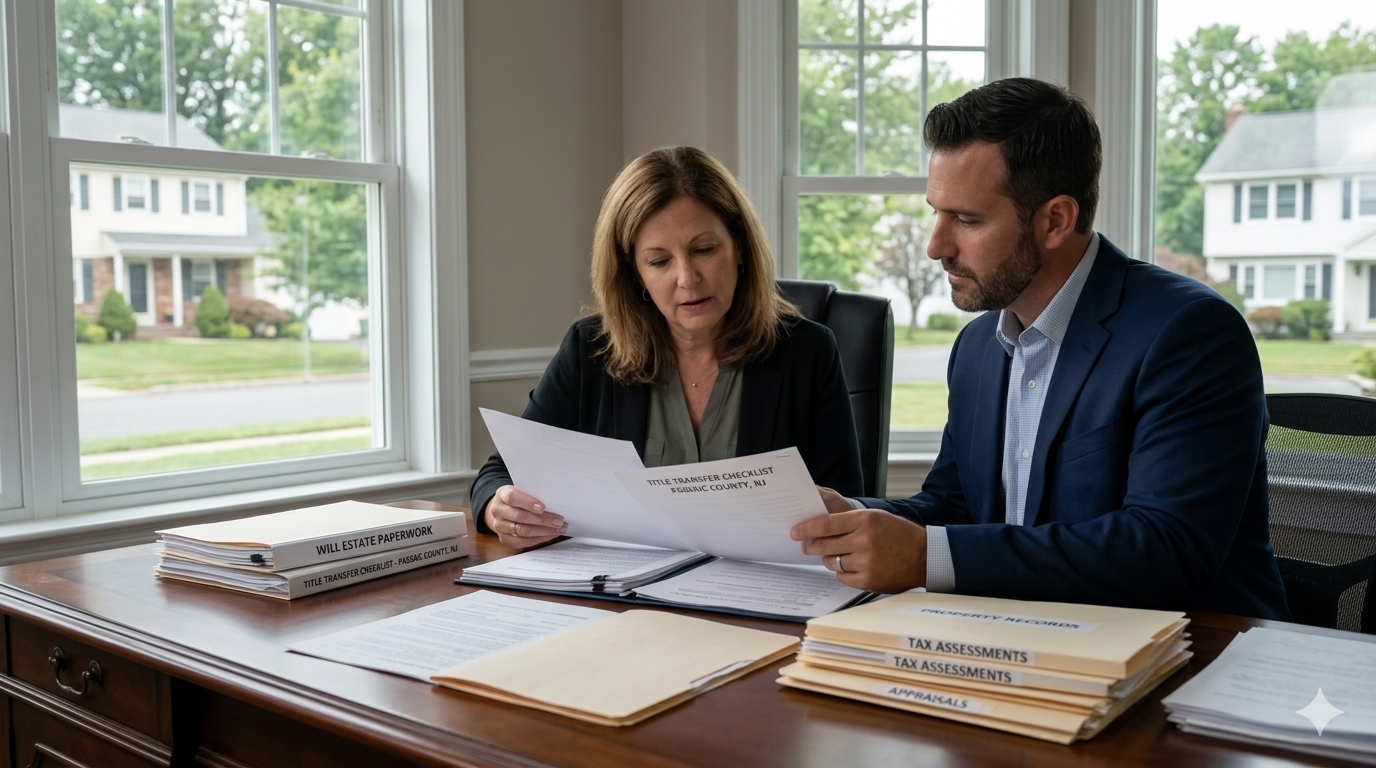 Executor reviewing estate paperwork during inherited property Totowa Passaic County estate settlement process with title transfer and probate documents in New Jersey home office