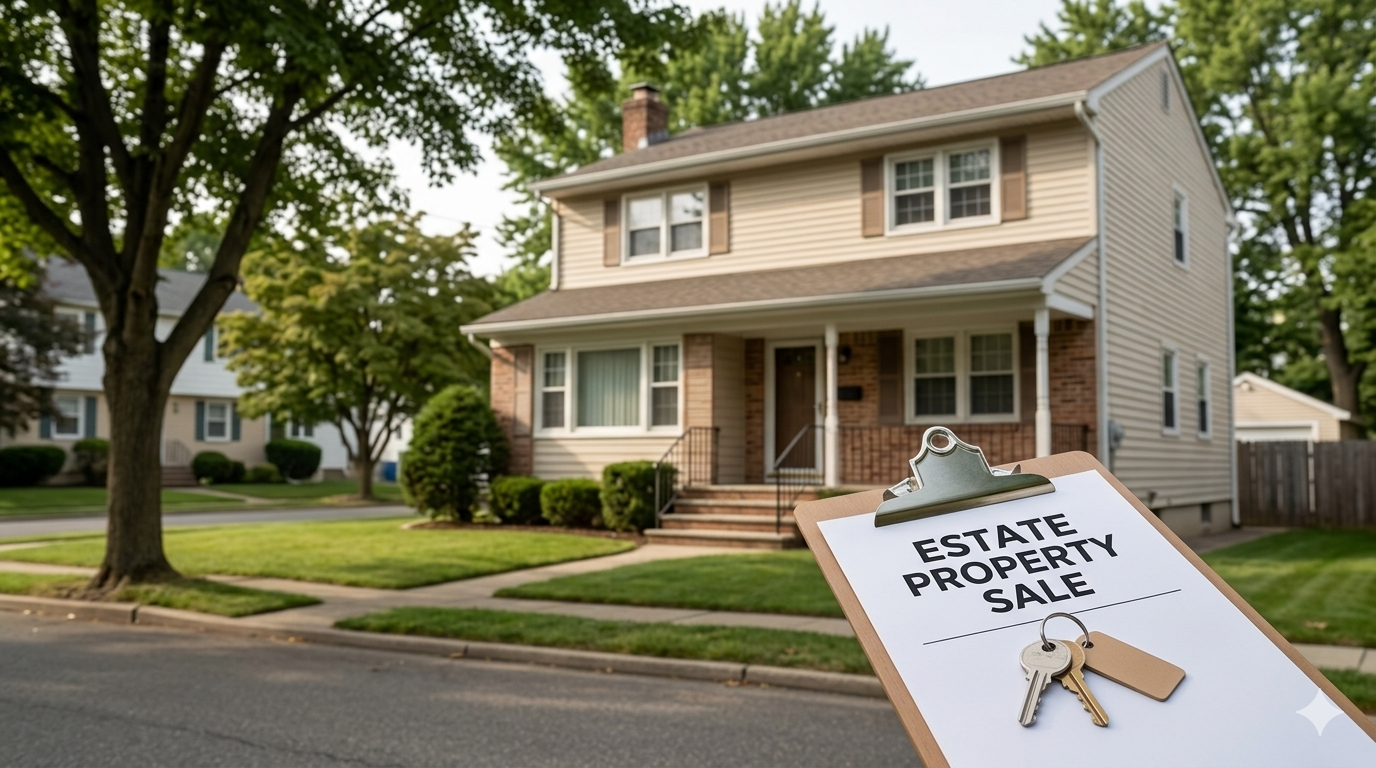 Estate property sale clipboard with house keys in front of inherited home being sold as-is in Haledon NJ probate estate sale without repairs
