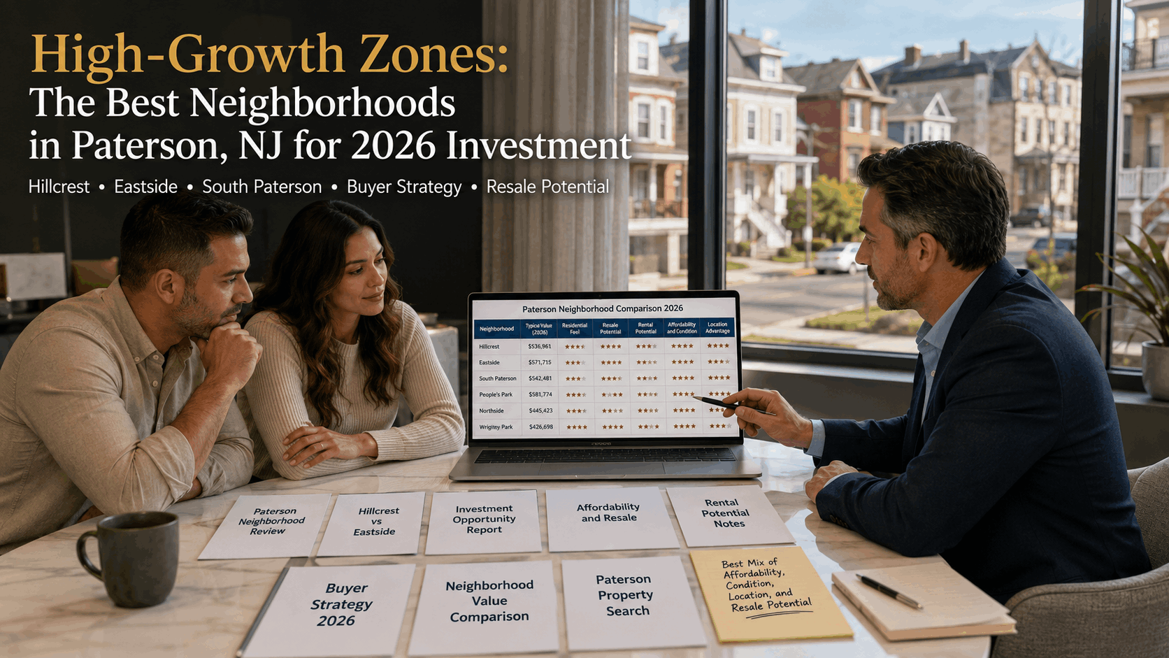 Paterson NJ 2026 investment neighborhoods with buyers reviewing Hillcrest, Eastside, and resale potential with a real estate advisor.