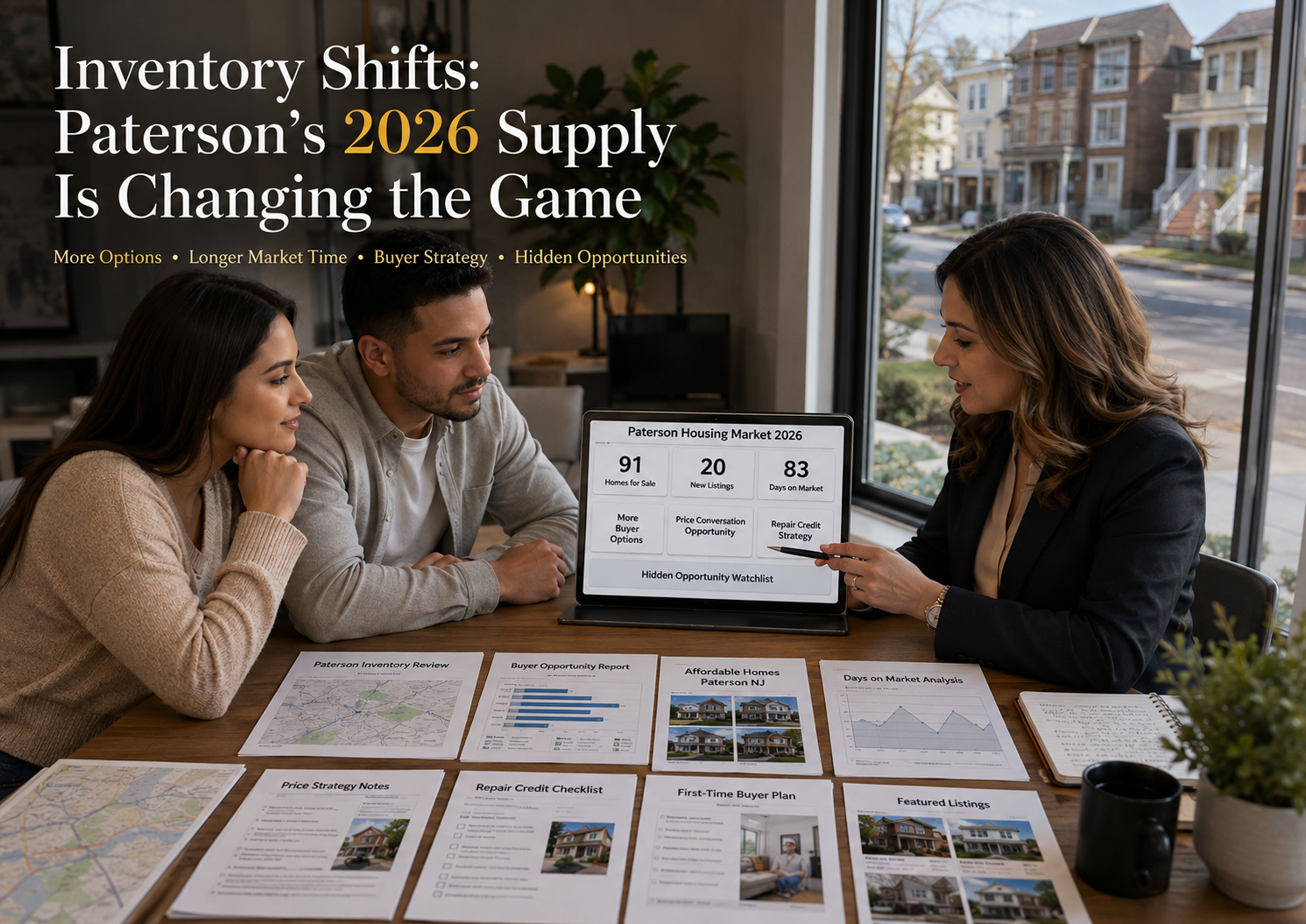 Paterson 2026 housing market inventory update with buyers reviewing listings, days on market, and strategy with a real estate advisor.