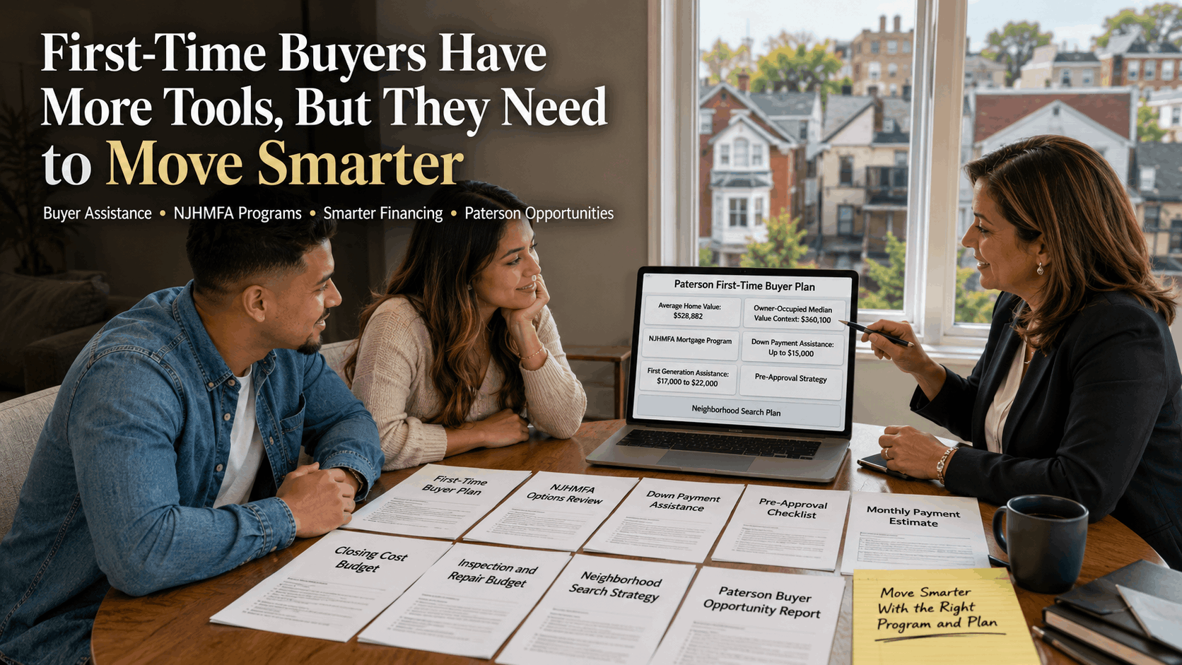 Paterson first-time buyers reviewing assistance programs, financing options, and homebuying strategy with a real estate advisor.