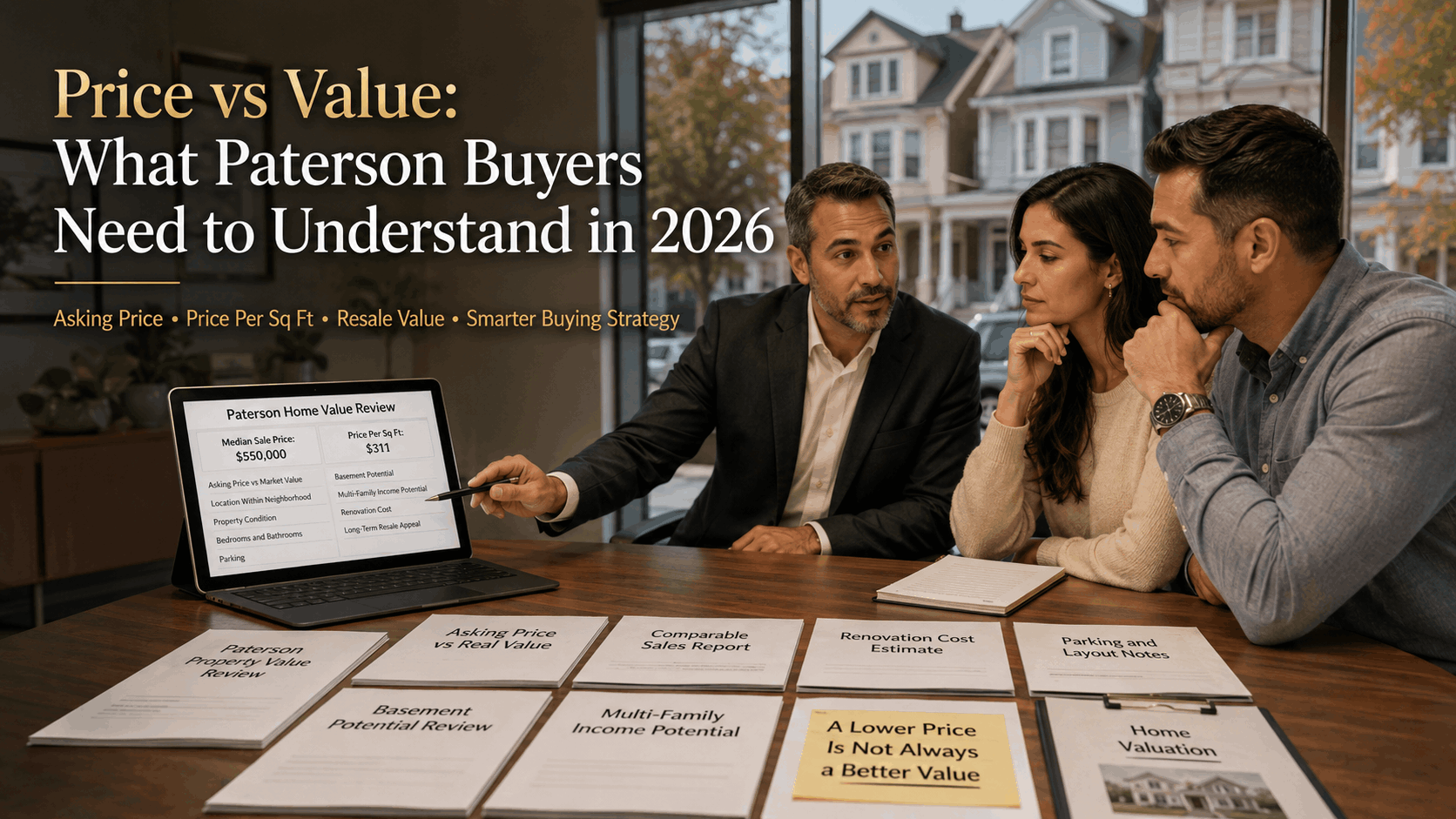 Paterson buyers comparing asking price, home value, renovation costs, and resale potential with a real estate advisor.