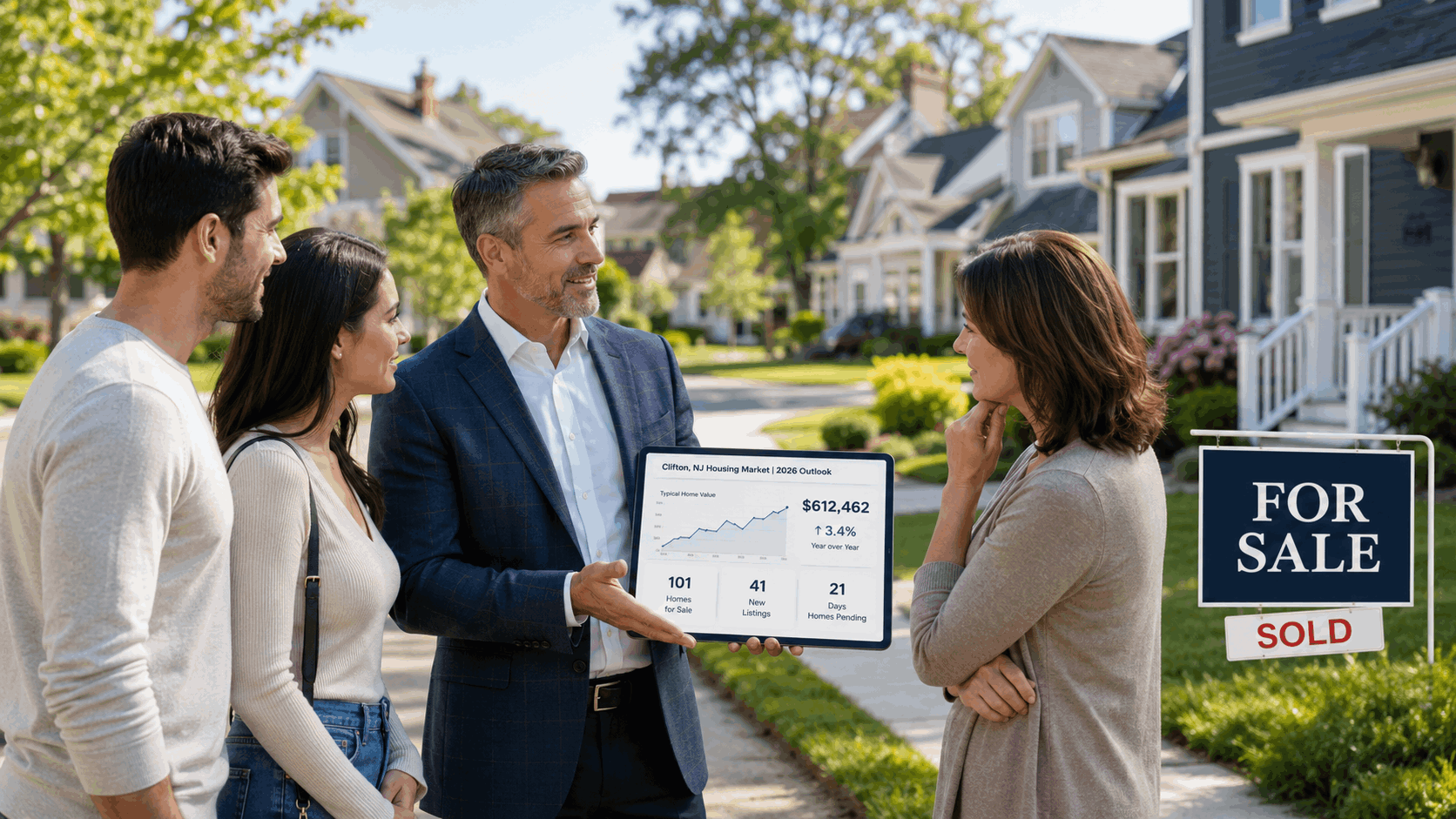 Professional real estate advisor showing Clifton NJ 2026 housing market data to buyers and seller in a suburban neighborhood with homes for sale, price trends, inventory updates, and sold sign.