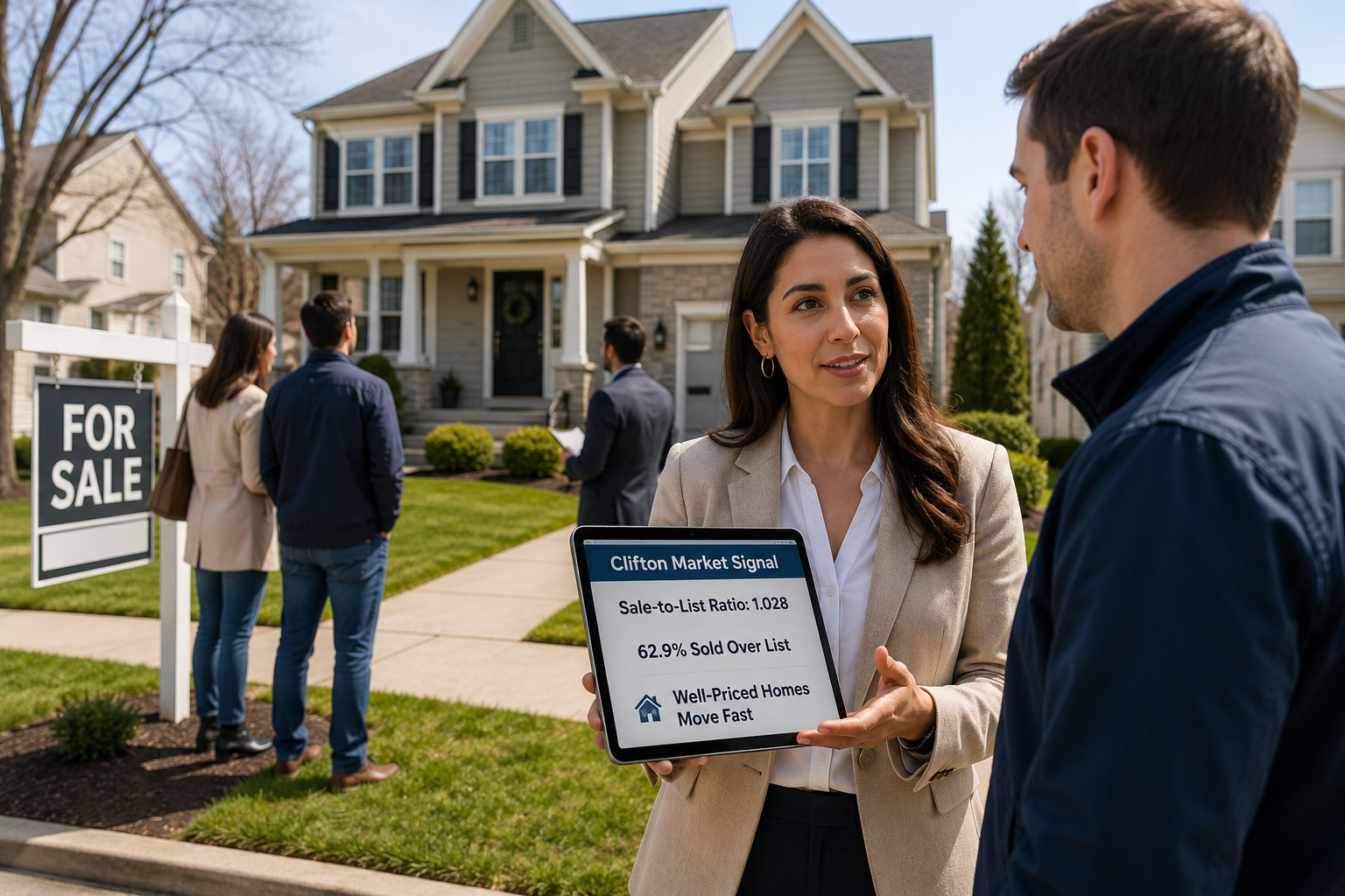 Real estate advisor showing Clifton NJ 2026 market data to a buyer outside a well-priced home for sale, with multiple interested buyers highlighting strong demand and homes selling over list price.