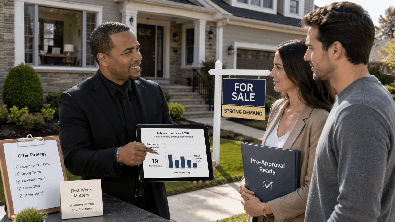 Real estate advisor discussing Totowa inventory in 2026 with prepared buyers outside a North Jersey home, showing a low inventory chart, pre-approval folder, offer strategy checklist, and strong demand for sale sign.