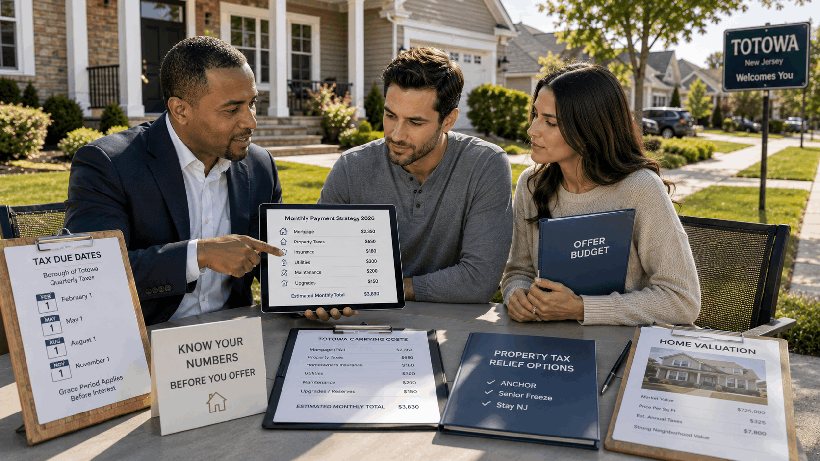 Real estate advisor reviewing Totowa monthly payment strategy with buyers outside a North Jersey home, showing property taxes, insurance, utilities, carrying costs, tax due dates, and offer budget documents.