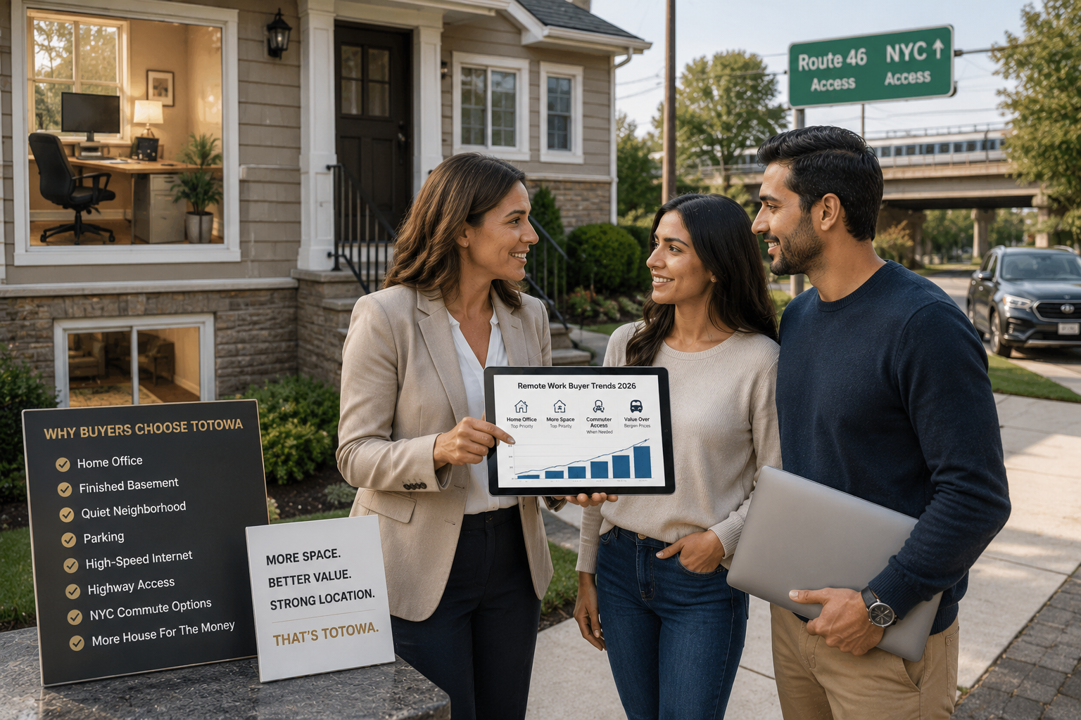 Real estate advisor discussing Totowa remote work home trends with a tech professional couple outside a North Jersey home, showing a home office, finished basement, Route 46 access, and NYC commuter options.