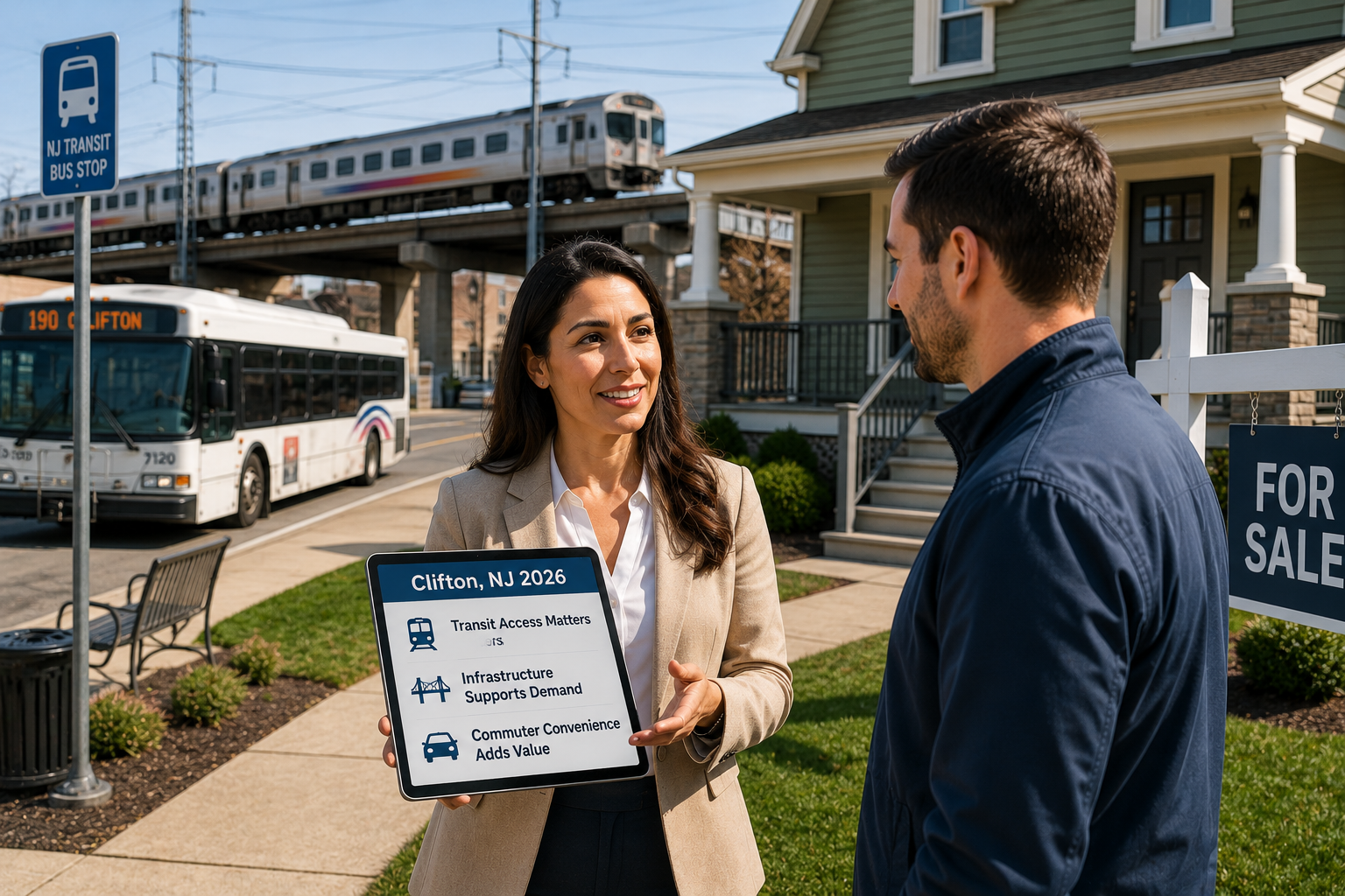 Real estate advisor explaining Clifton NJ 2026 transit and infrastructure value drivers to a buyer outside a home for sale, with bus access and commuter rail highlighting location convenience.