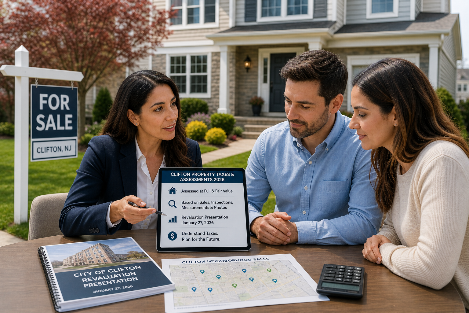Real estate advisor explaining Clifton NJ 2026 property taxes and assessments to homebuyers outside a home for sale, with revaluation documents, neighborhood sales map, and carrying cost planning.