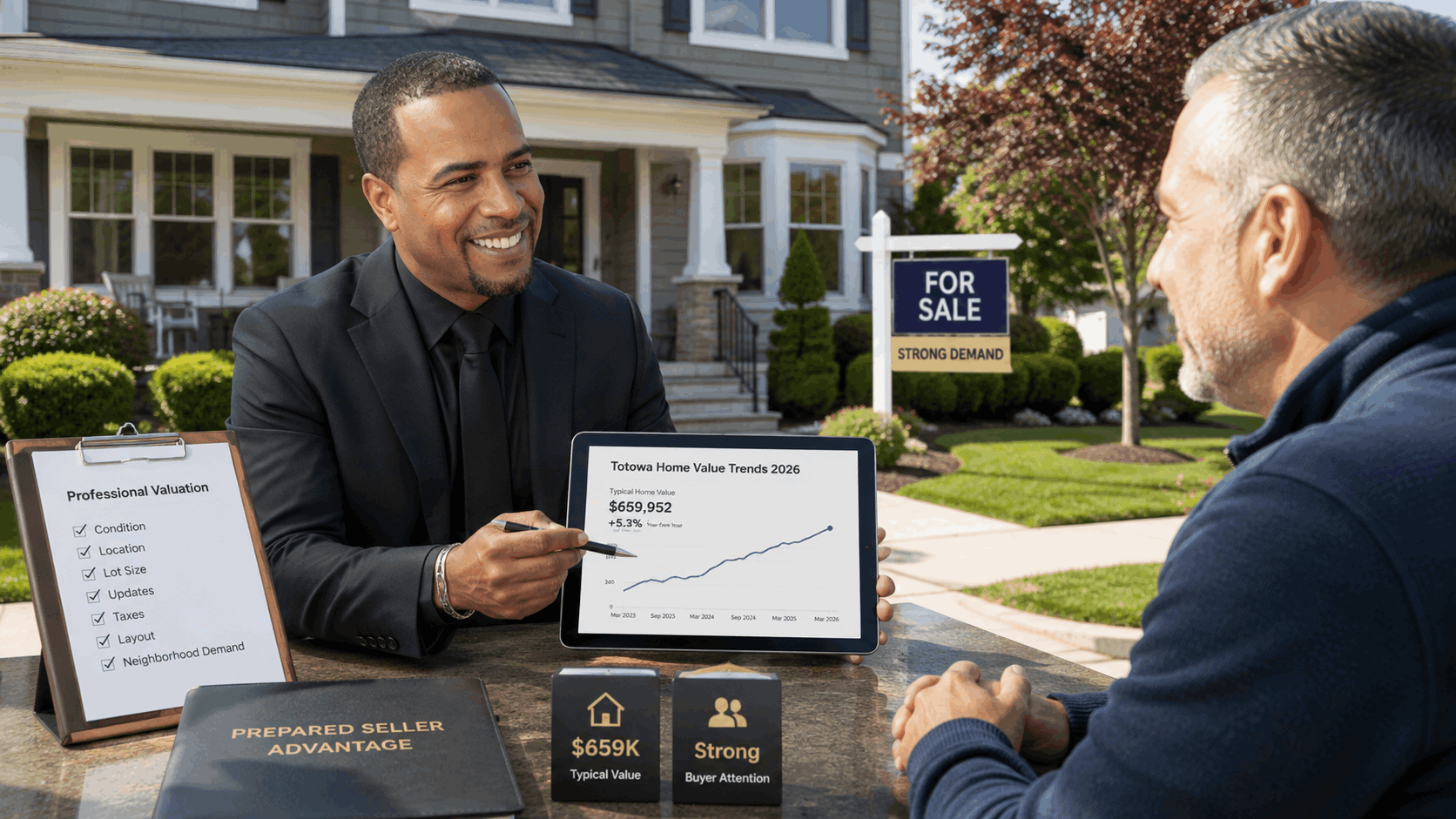 Real estate advisor reviewing Totowa home value trends for 2026 with a homeowner outside a North Jersey home, showing a professional valuation report, strong buyer demand sign, and prepared seller strategy materials.