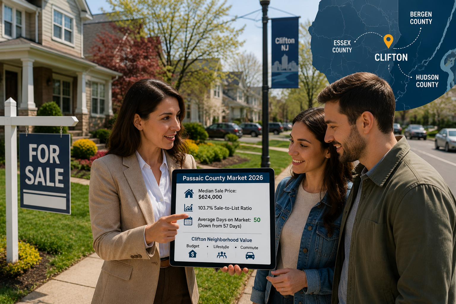 Real estate advisor explaining Passaic County 2026 housing demand to Clifton homebuyers outside a home for sale, with market data, neighborhood value, pricing, commute, and lifestyle factors.