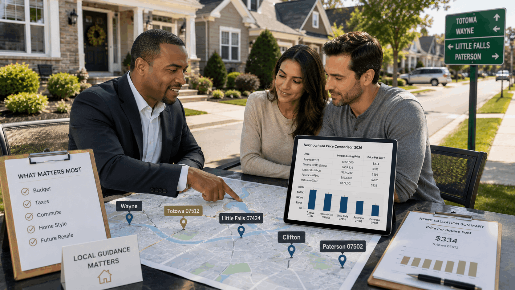 Real estate advisor explaining Totowa neighborhood median prices for 2026 to buyers using a local map, price comparison chart, home valuation summary, and North Jersey town comparison details.