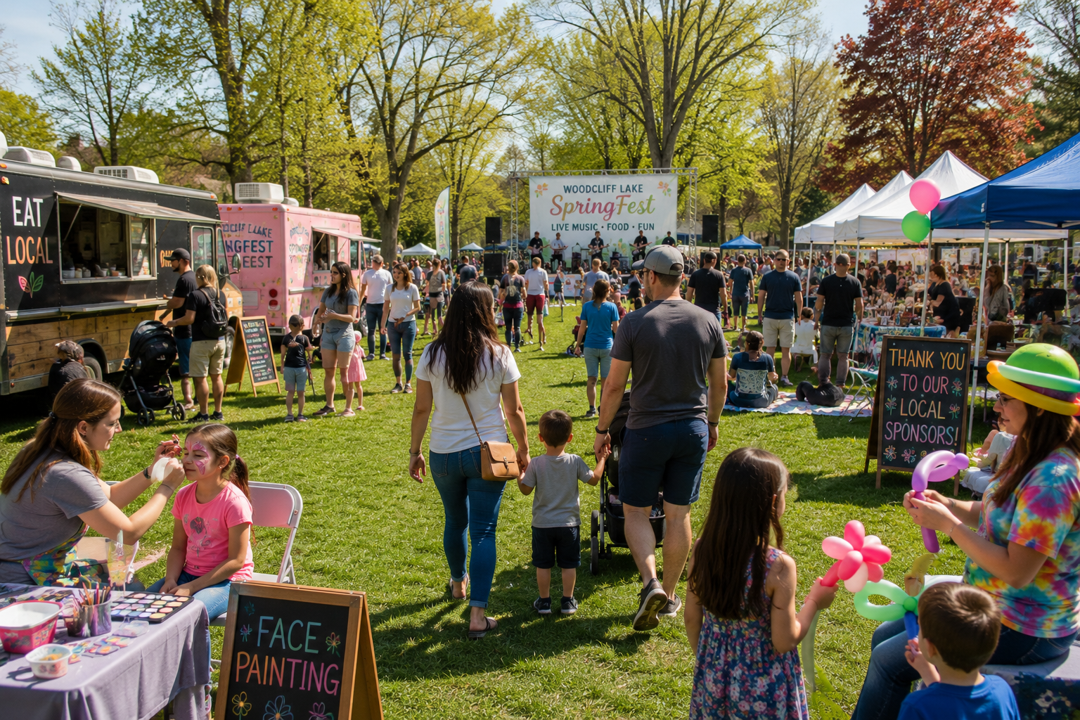 Woodcliff Lake SpringFest in Bergen County NJ with families enjoying food trucks, craft vendors, face painting, balloon animals, live music, and free spring activities at Woodcliff Park.