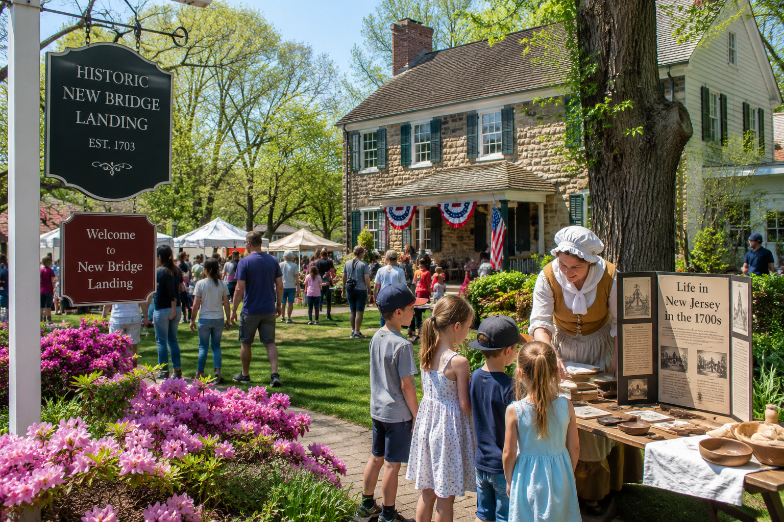 Pinkster Spring Festival at Historic New Bridge Landing in River Edge NJ with families exploring colonial history, spring activities, historic buildings, and a Bergen County community festival atmosphere.