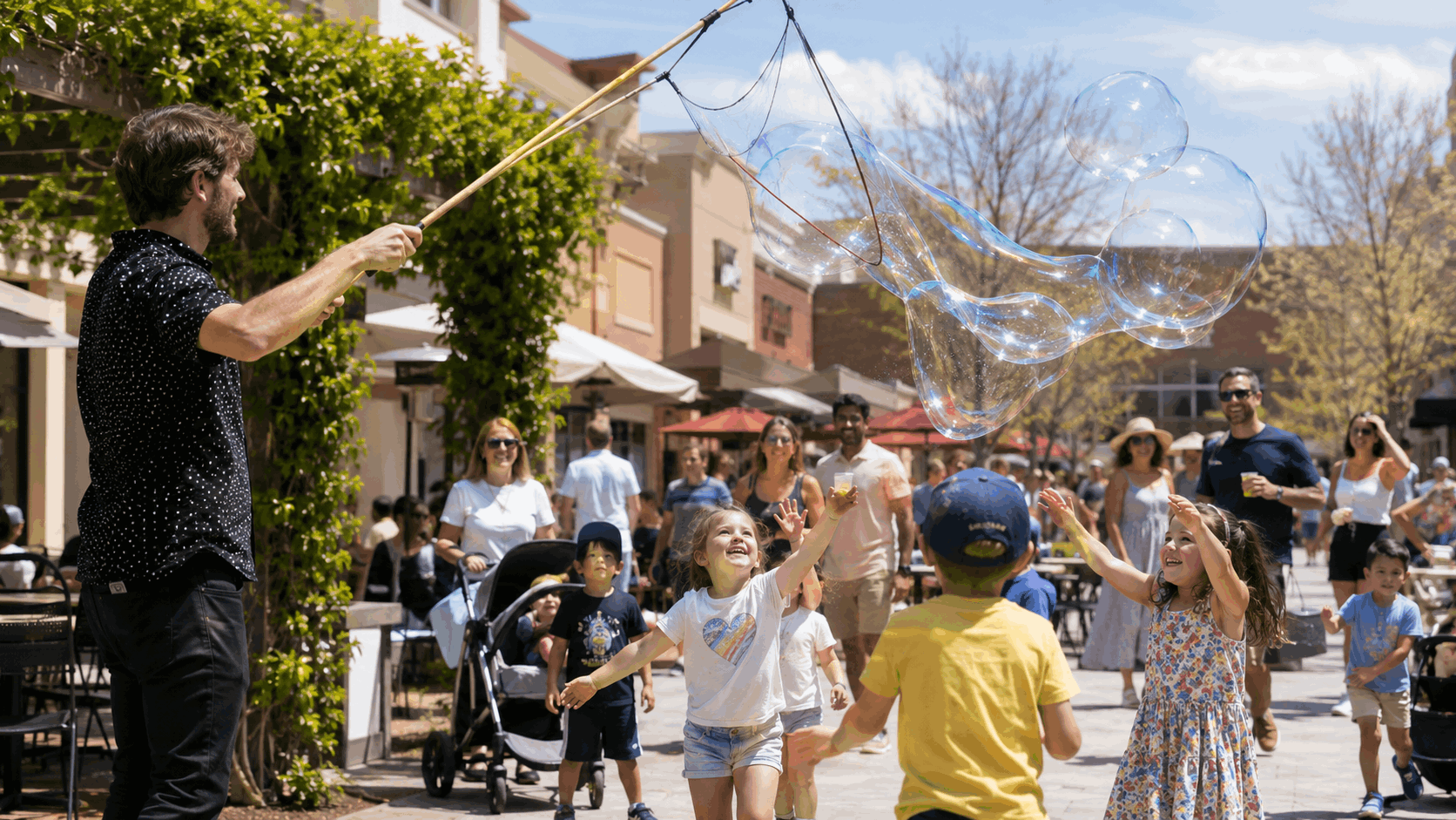 Bubble Show at Bergen Town Center in Paramus NJ with children reaching for giant bubbles, parents with strollers, outdoor shopping center walkways, and family-friendly Bergen County weekend fun.