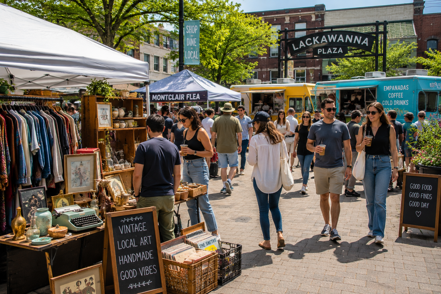 Montclair Flea at Lackawanna Plaza in Montclair NJ with vintage vendors, local art, food trucks, shoppers, and a walkable Essex County downtown weekend atmosphere.