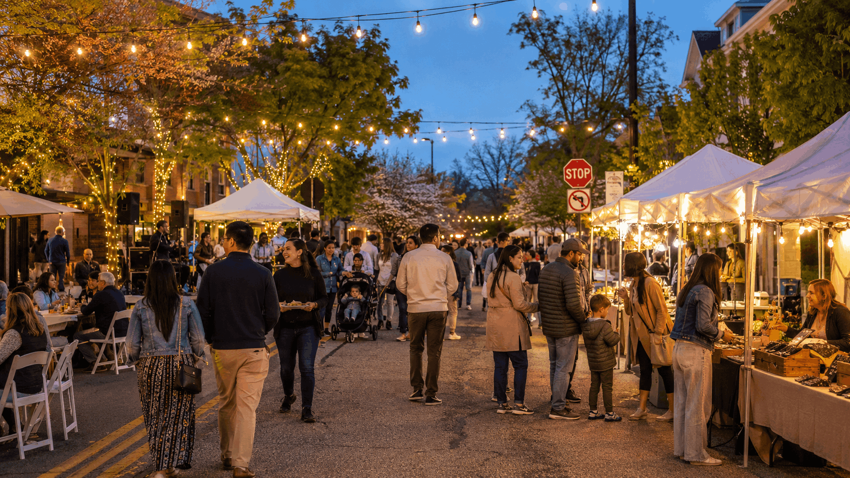 Tenafly Night Market in downtown Tenafly NJ with food vendors, string lights, families, couples, craft booths, live music, and a lively Bergen County spring evening atmosphere.