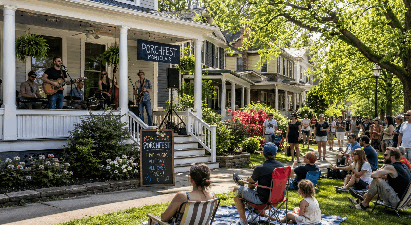 Montclair Porchfest in Montclair NJ with local musicians performing on a porch, families and neighbors enjoying live music on a sunny spring day in a walkable Essex County neighborhood.