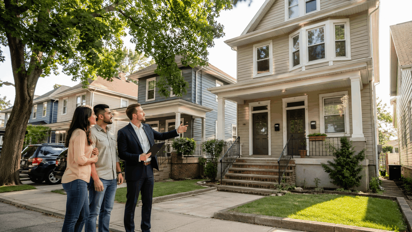 First-time buyer couple touring a two-family home with a real estate agent in Prospect Park NJ, highlighting multi-family investment and rental income potential in North Jersey.