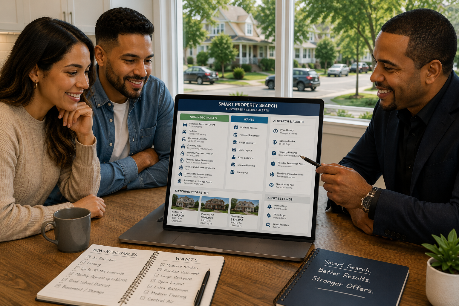 North Jersey home buyers reviewing AI-powered property search filters and alerts with a real estate advisor to compare wants, needs, and home features.