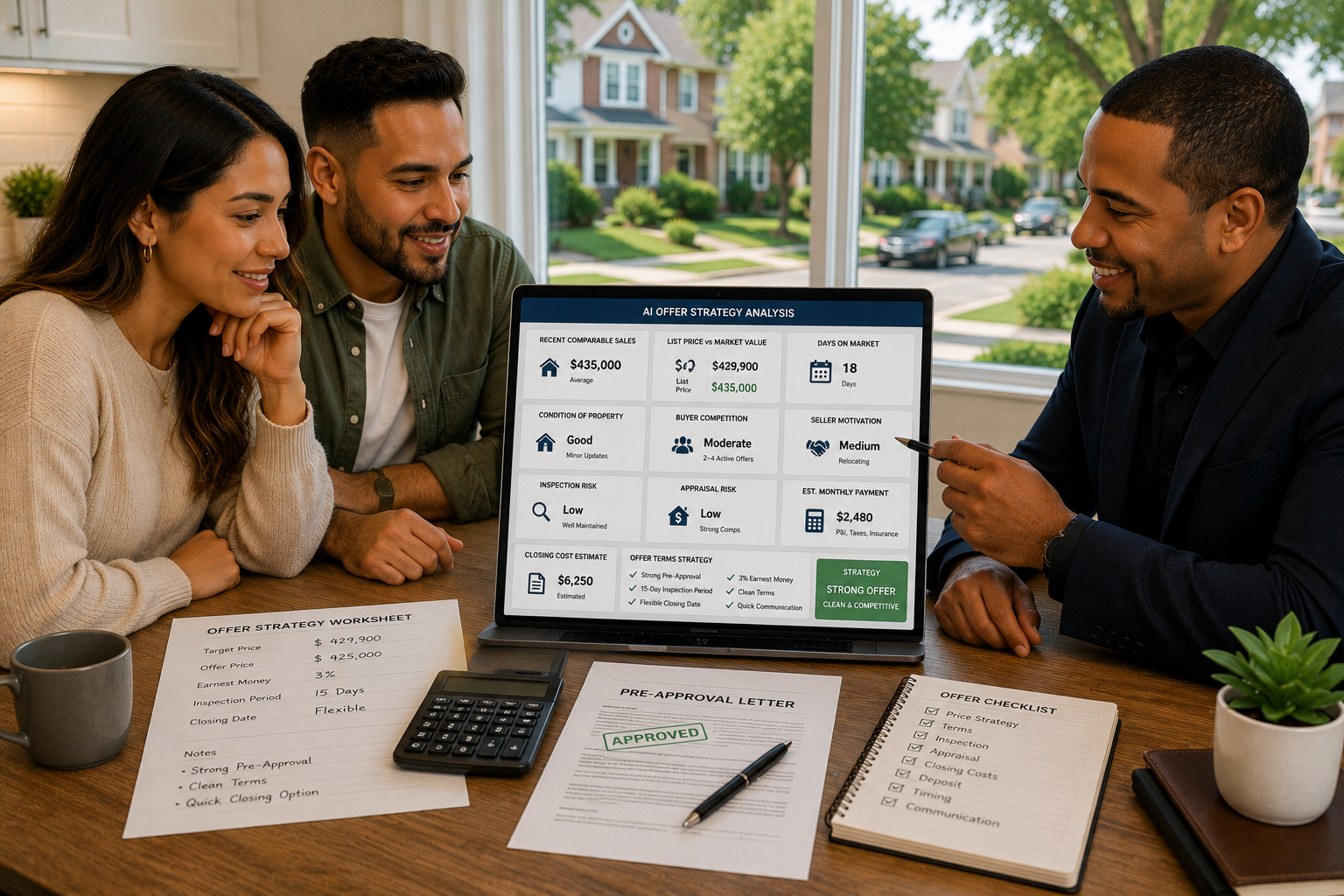 North Jersey home buyers reviewing an AI-assisted offer strategy dashboard with a real estate advisor before submitting a home offer.